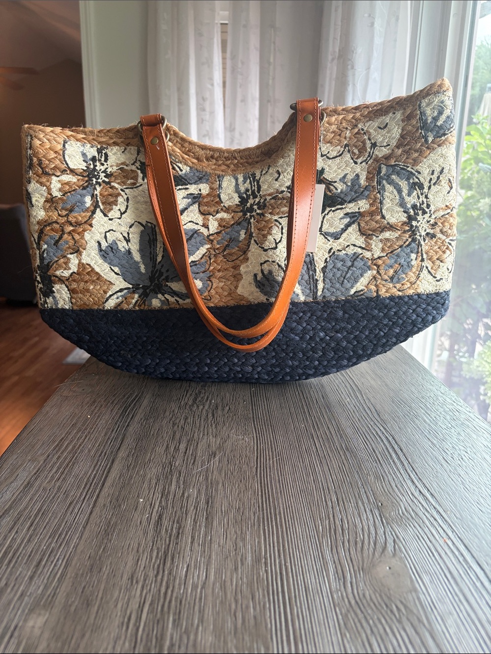Chinese Laundry Floral Straw Tote in Navy, Cream & Tan